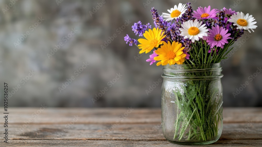 Vibrant bouquet of colorful wildflowers in a glass jar Vibrant bouquet of colorful wildflowers in a glass jar