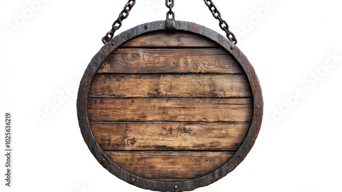Textured circular wooden sign, detailed, hanging on iron chains. Isolated high-res image.