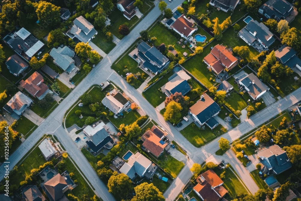 Fototapeta premium Aerial View of a Suburb with Houses and Yards