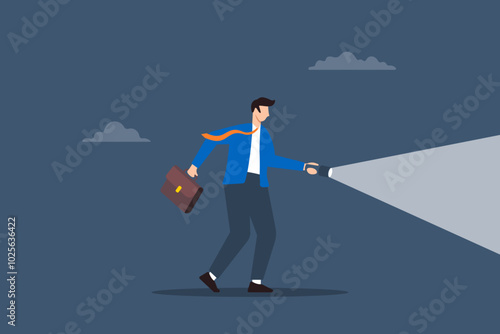 Flat illustration of businessman holds flashlight for guidance symbolizing mentorship and direction towards success