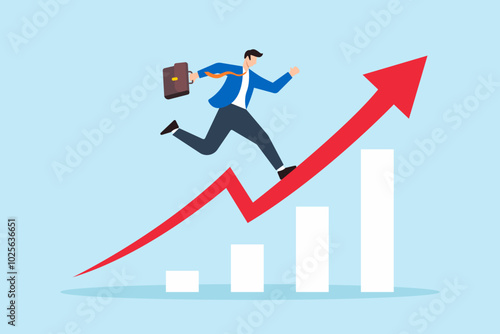 Flat illustration of businessman leaps forward over rising growth graph symbolizing business transformation