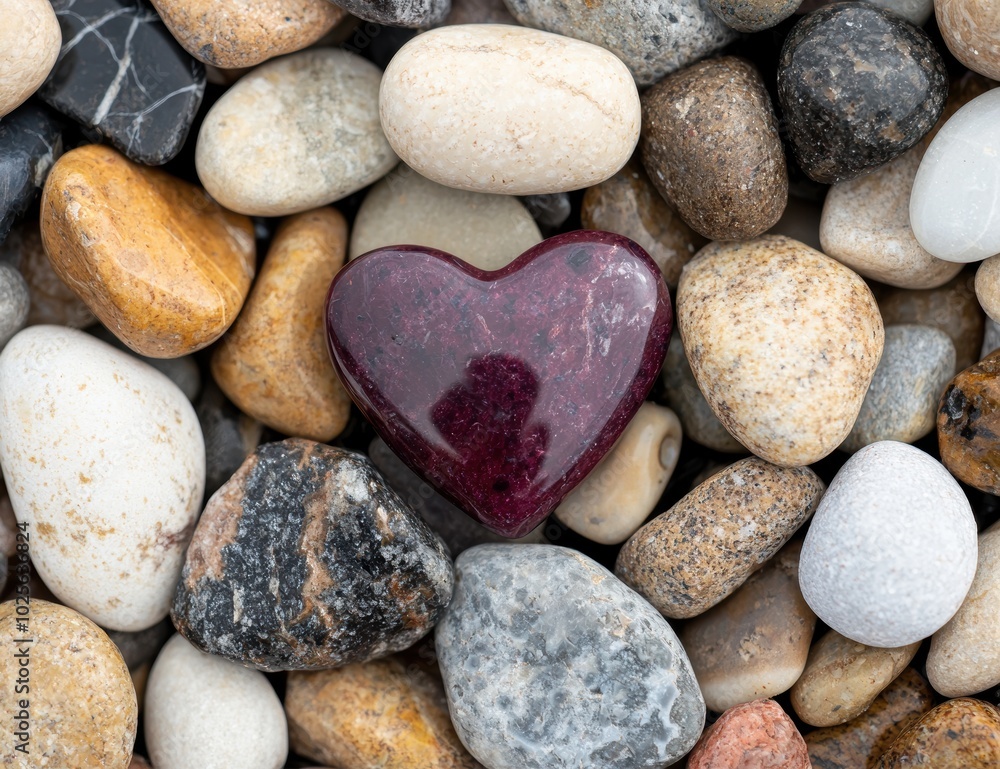 Heart-shaped stone among smooth pebbles Heart-shaped stone among smooth pebbles