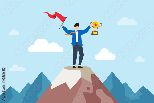 Flat illustration of success businessman holds winning flag and trophy on mountain peak symbolizing leadership photo