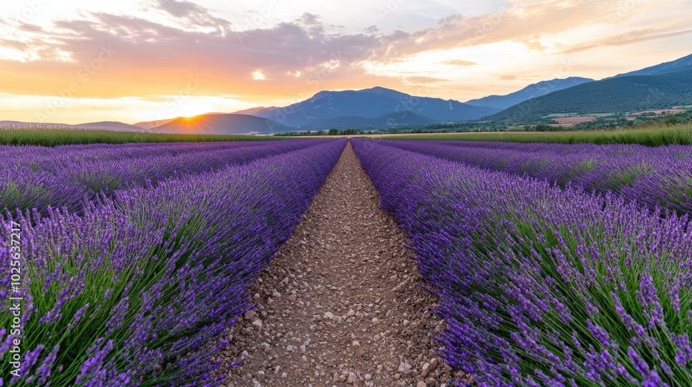 Obraz premium Lavender field at sunset with mountain landscape