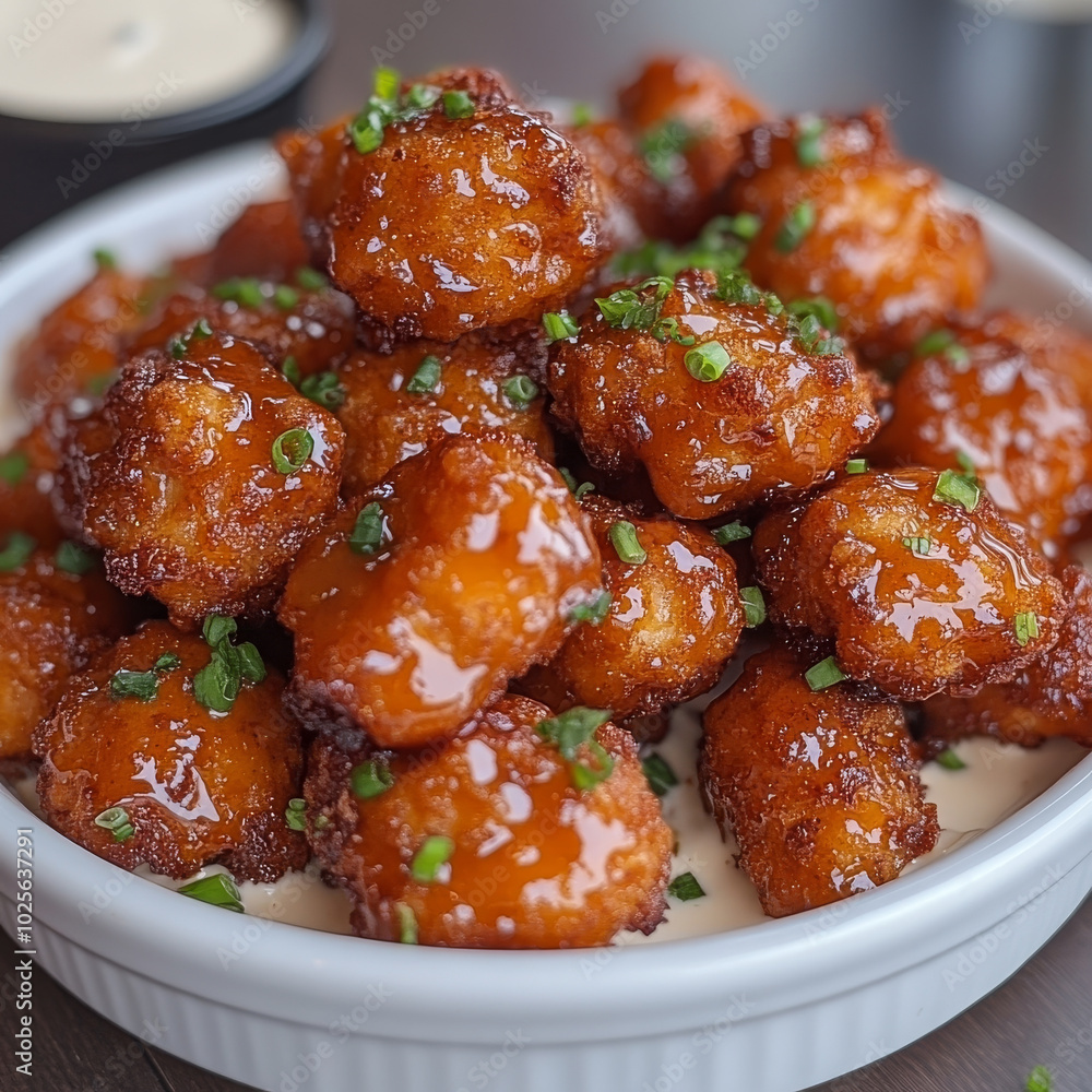 Delicious homemade appetizers featuring crispy, golden brown bites coated in sweet and tangy sauce, garnished with fresh green onions. Perfect for sharing! Delicious homemade appetizers featuring crispy, golden brown bites coated in sweet and tangy sauce, garnished with fresh green onions. Perfect for sharing!