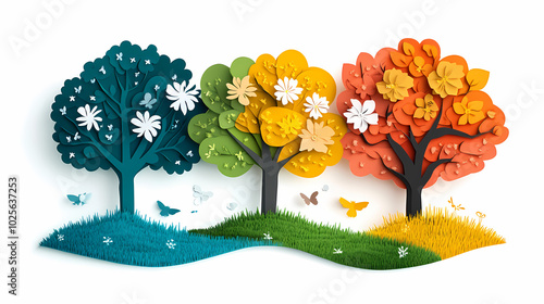 Tree isolated on white background, spring with flowers, summer with green leaves, autumn with yellow leaves, and winter with snow. Concept of nature and environment in paper cut cartoon style