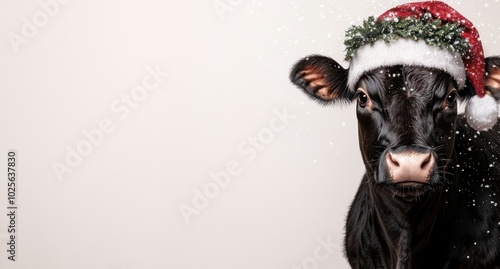 Festive black cow with santa hat and snowy background