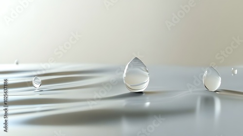 Abstract raindrops: Stylized raindrop shapes with smooth curves, falling gently in a minimalist, open space, representing calm and natural rhythms