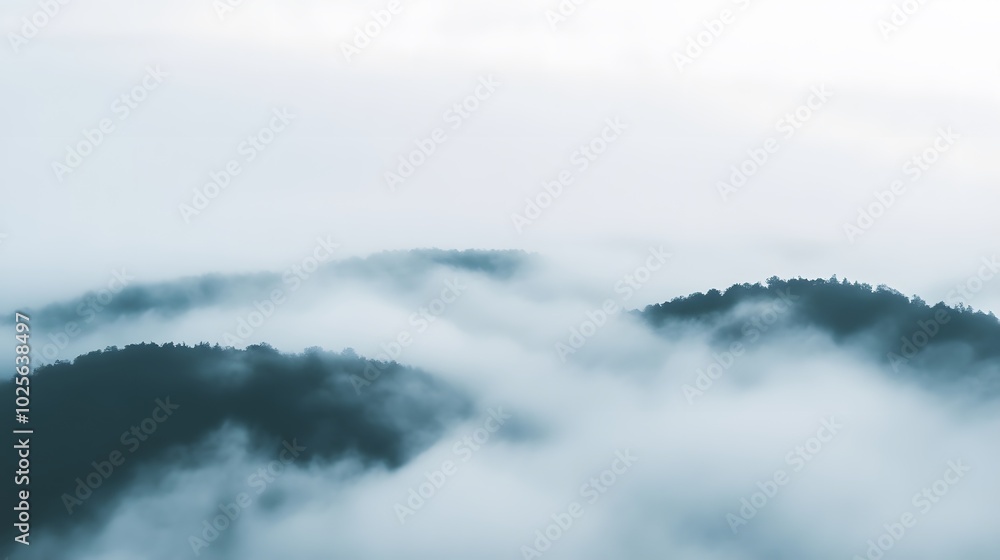 Abstract foggy landscape: Minimal landscape elements, like distant hills or trees, fading into a soft mist, representing quiet solitude and reflection Abstract foggy landscape: Minimal landscape elements, like distant hills or trees, fading into a soft mist, representing quiet solitude and reflection
