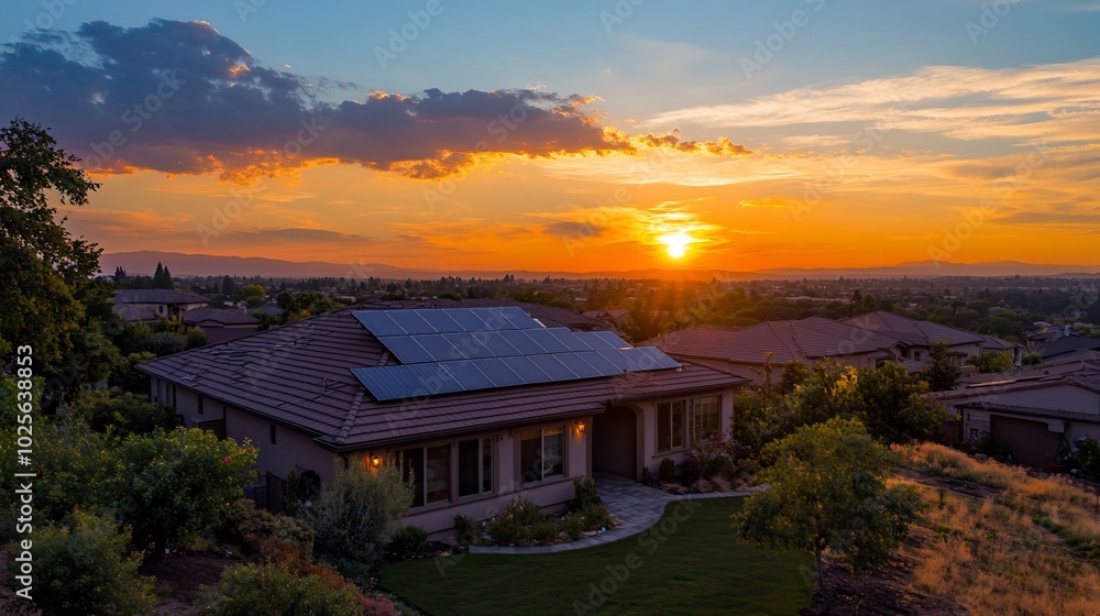 A suburban home with solar panels on the roof at sunset. A suburban home with solar panels on the roof at sunset.
