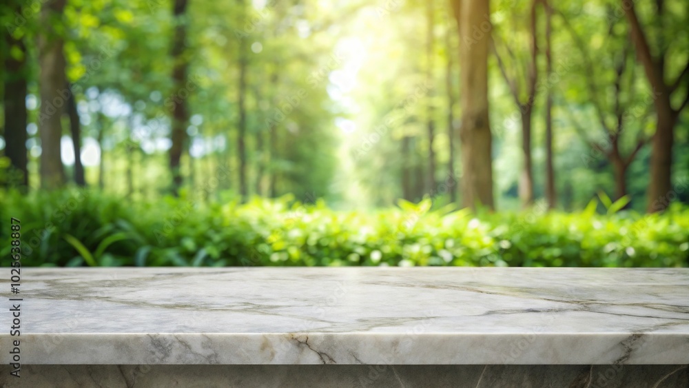 Empty marble table with nature backdrop and cup Empty marble table with nature backdrop and cup