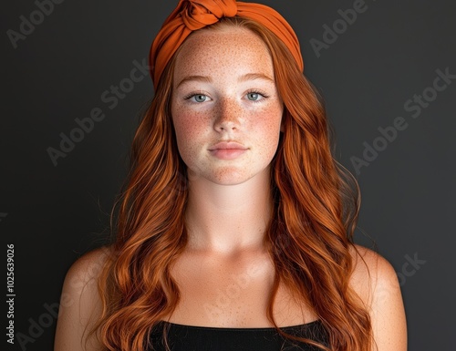 Redheaded woman with freckles and blue eyes photo