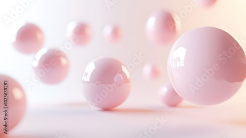 Floating abstract spheres: Soft, abstract spheres floating at different heights, casting gentle shadows against a plain background