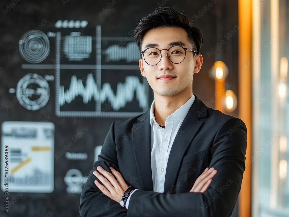 A dynamic Asian person in leadership and entrepreneurship roles, showcasing a confident business leader in a modern office, surrounded by symbols of success like charts, technology, and colleagues, A dynamic Asian person in leadership and entrepreneurship roles, showcasing a confident business leader in a modern office, surrounded by symbols of success like charts, technology, and colleagues,