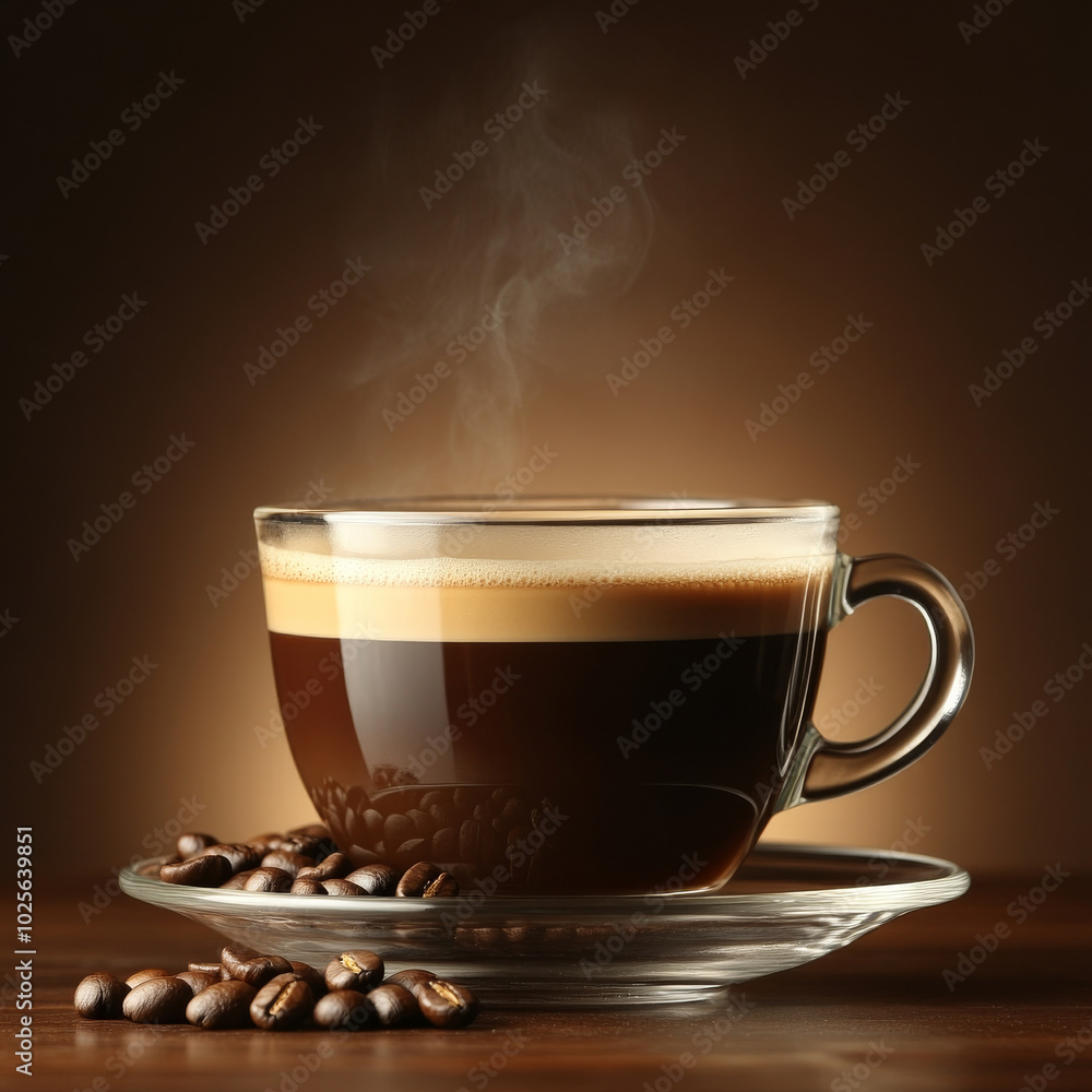 steaming cup of espresso sits elegantly on glass saucer, surrounded by coffee beans, evoking warmth and comfort. rich aroma and inviting appearance make it perfect choice for coffee lovers steaming cup of espresso sits elegantly on glass saucer, surrounded by coffee beans, evoking warmth and comfort. rich aroma and inviting appearance make it perfect choice for coffee lovers