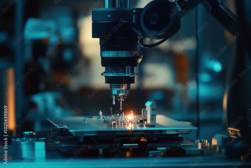 Robotic arm performing delicate electronics assembly, with copy space Robotic arm performing delicate electronics assembly, with copy space