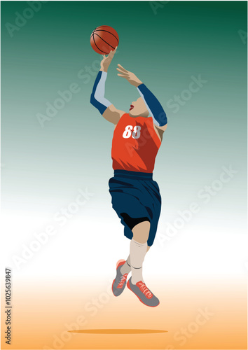 145-04-Basketball player jumping through the air, preparing to shoot a basket