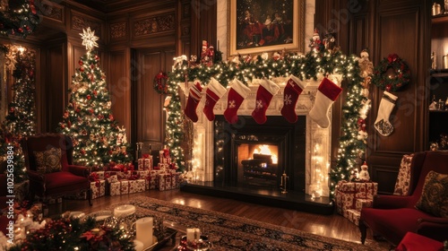 A festive Christmas background, showcasing a traditional living room setup with stockings, garlands, and a fireplace surrounded by holiday decorations