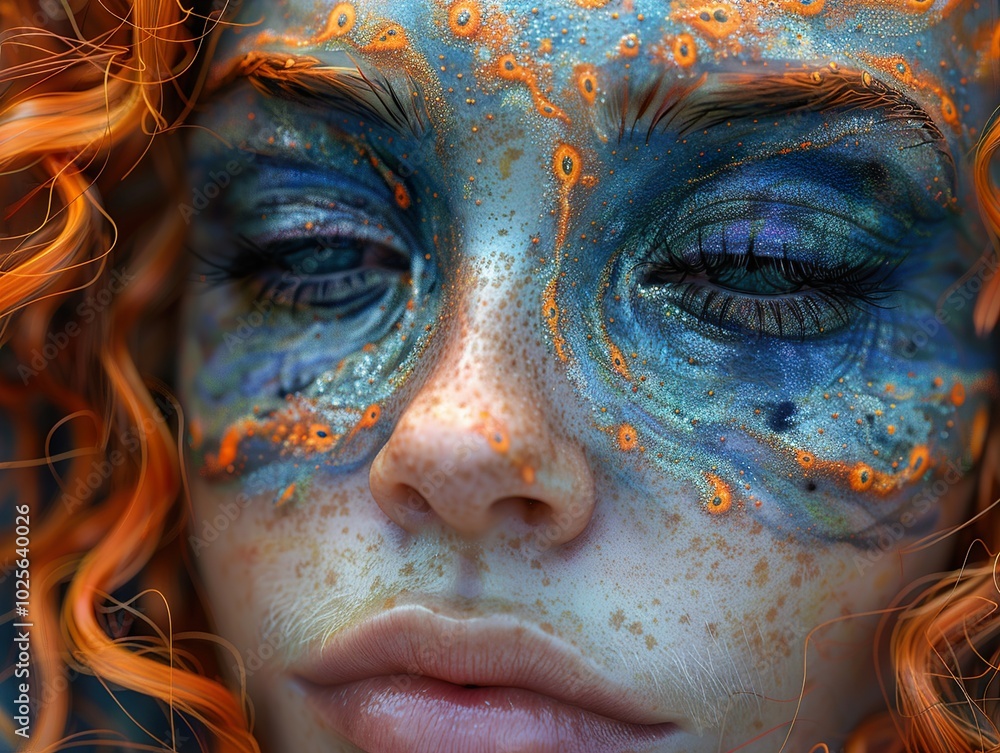 Close-Up Portrait of a Woman with Blue and Orange Glitter Makeup Close-Up Portrait of a Woman with Blue and Orange Glitter Makeup