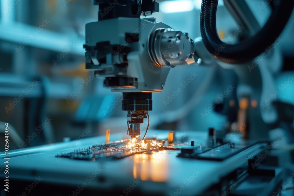 Robotic arm performing delicate electronics assembly, with copy space Robotic arm performing delicate electronics assembly, with copy space