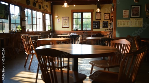 A friendly and cozy coffee shop with a local community feel, featuring communal tables, bulletin boards with local events, and comfortable seating areas for socializing and connecting