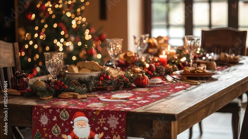 Festive mockup of a holiday table runner with a Santa Claus design in a dining room.