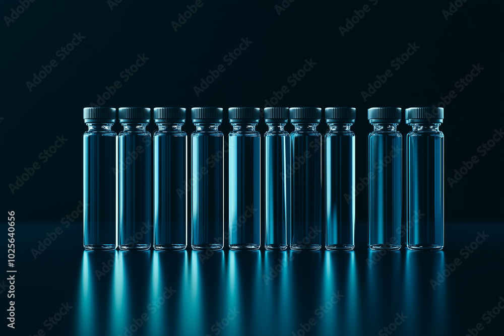 Glass vials neatly arranged in a row, reflecting light, with copy space. Glass vials neatly arranged in a row, reflecting light, with copy space.