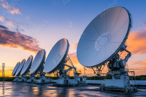 Satellite dish array at dusk, with copy space