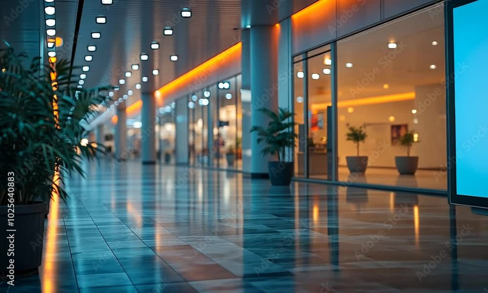 Modern indoor space with a blank digital display and ambient lighting. Modern indoor space with a blank digital display and ambient lighting.