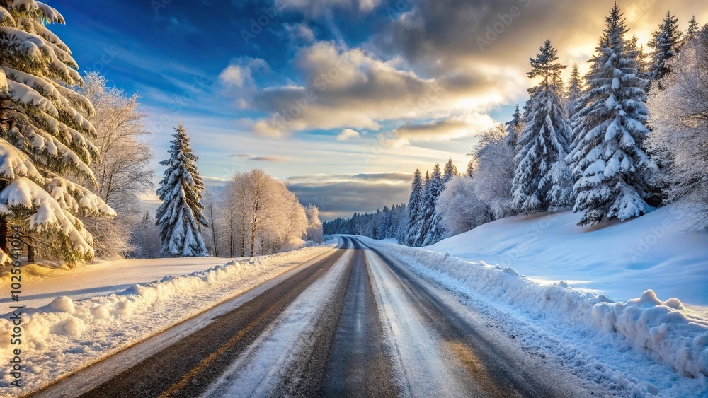 Empty snow covered road in winter landscape at a tilted angle
