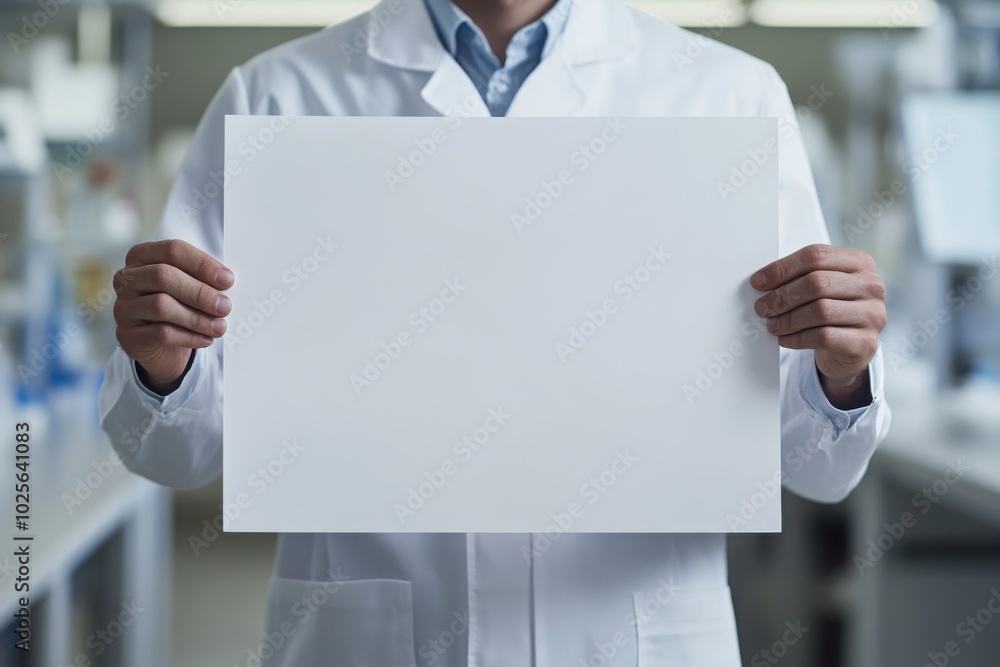 Scientist holding blank research poster, with copy space Scientist holding blank research poster, with copy space