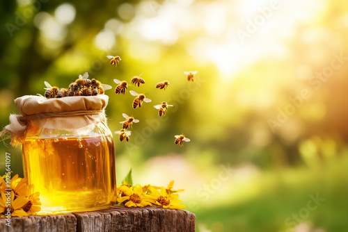 Honey in a glass jar with flowers and bees buzzing beside it, with copy space. Warm, natural sunlight. 