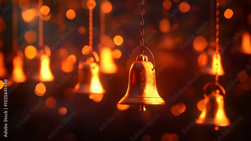 Obraz premium Hanging bells glowing in warm tones: Softly glowing hanging bells in warm colors, gently suggesting the calming sound of soft chimes