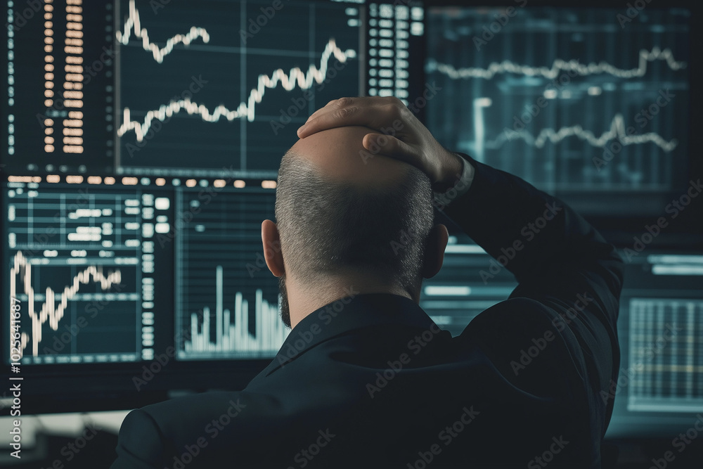 Bald man from behind, placing his hand on his head in frustration, with stock market charts and declining graphs in the background, with copy space. Cool, dim lighting. Financial crisis backdrop. Bald man from behind, placing his hand on his head in frustration, with stock market charts and declining graphs in the background, with copy space. Cool, dim lighting. Financial crisis backdrop.