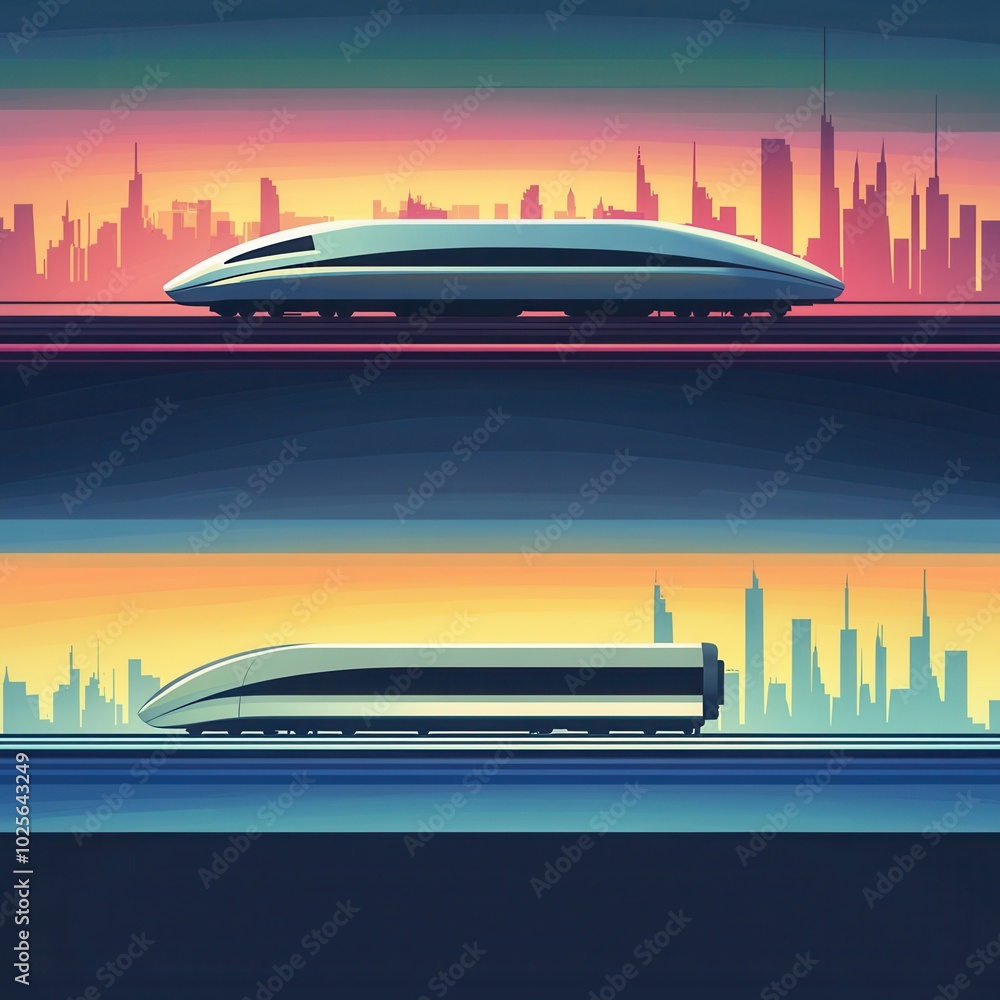 Fototapeta premium Sleek bullet train speeding through city vector art set, with copy space