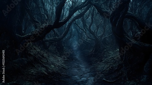 A dark, oppressive forest with paths that lead nowhere: The trees are gnarled and twisted, with no visible way out. photo