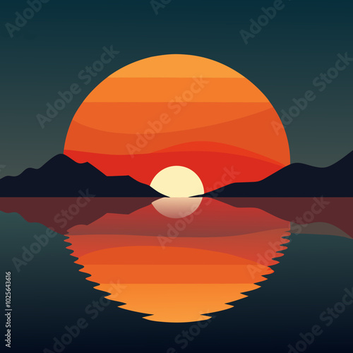 Silhouette of the sun setting over a calm body of water, with reflection