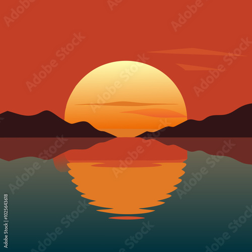 Silhouette of the sun setting over a calm body of water, with reflection