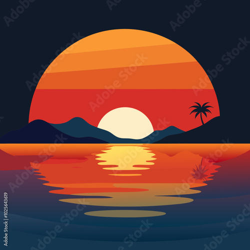 Silhouette of the sun setting over a calm body of water, with reflection
