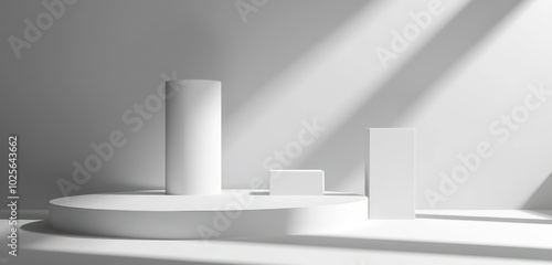 Wallpaper Mural Product display focused minimalist 3D scene with a white cylindrical podium and pedestals. Torontodigital.ca