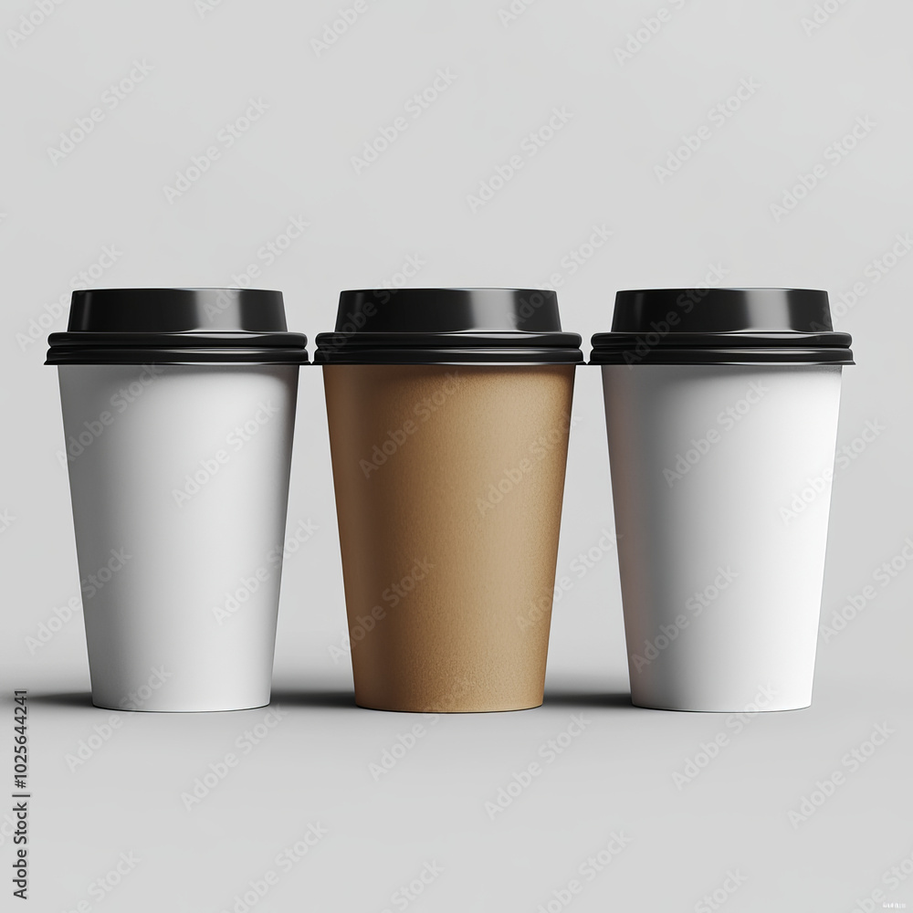 Disposable paper cups in white and brown with black lids, arranged in row, perfect for beverages. Ideal for cafes or events, showcasing modern and minimalist design Disposable paper cups in white and brown with black lids, arranged in row, perfect for beverages. Ideal for cafes or events, showcasing modern and minimalist design