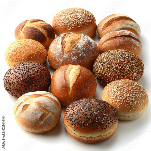 Freshly baked assorted bread rolls arranged beautifully, showcasing variety of textures and colors. Perfect for any bakery display or culinary setting