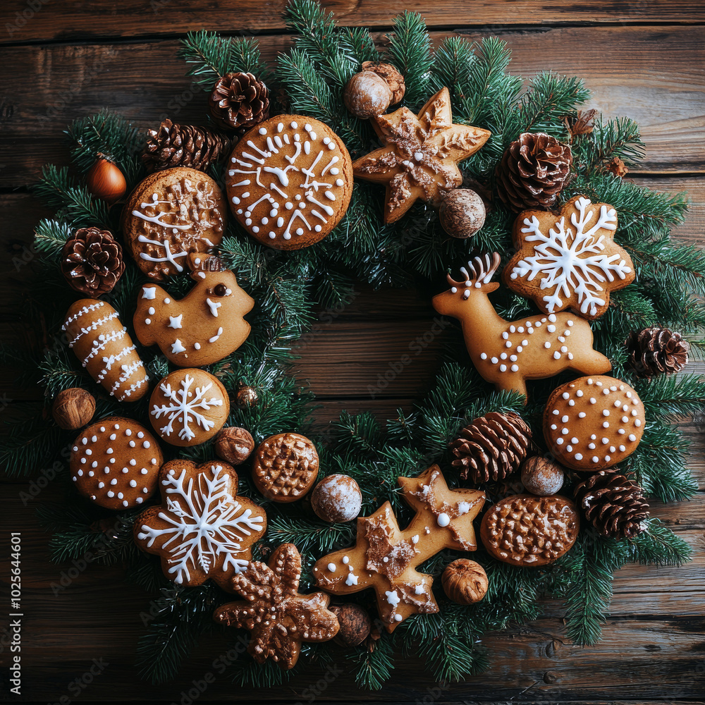 Fototapeta premium Delight in this festive Christmas wreath adorned with gingerbread cookies, silver stars, and pine cones, creating warm and joyful holiday atmosphere