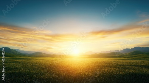 A sunrise over a peaceful landscape, symbolizing new beginnings and positive energy.