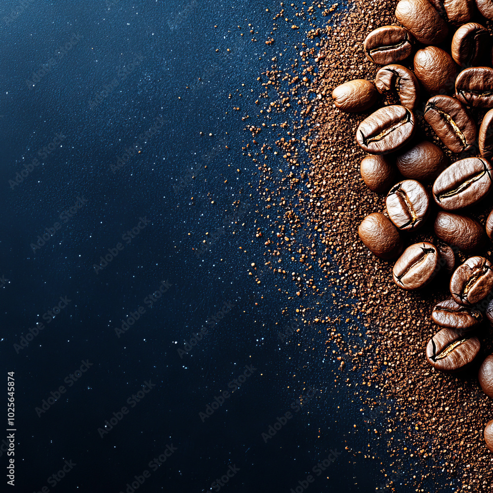 Rich coffee beans scattered on dark background create striking visual contrast, inviting coffee lovers to indulge in their favorite brew Rich coffee beans scattered on dark background create striking visual contrast, inviting coffee lovers to indulge in their favorite brew