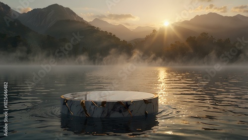 Floating Marble Podium Above Misty Waters at Sunrise – Perfect for Luxury Product Mockups photo