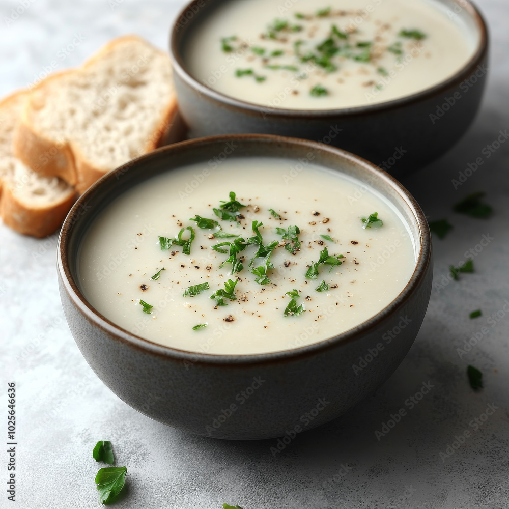 Creamy homemade soup served in bowls, garnished with fresh herbs and accompanied by slices of bread, creates comforting and inviting meal Creamy homemade soup served in bowls, garnished with fresh herbs and accompanied by slices of bread, creates comforting and inviting meal