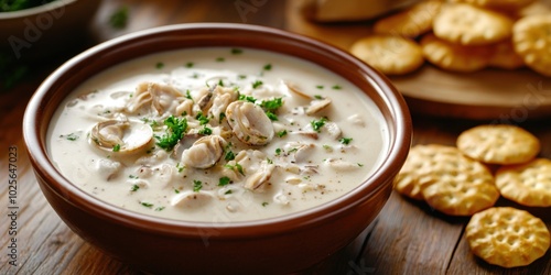 Classic Clam Chowder Served in a Bowl with Oyster Crackers