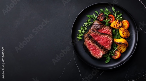 Grilled steak with roasted peaches and arugula on a black plate