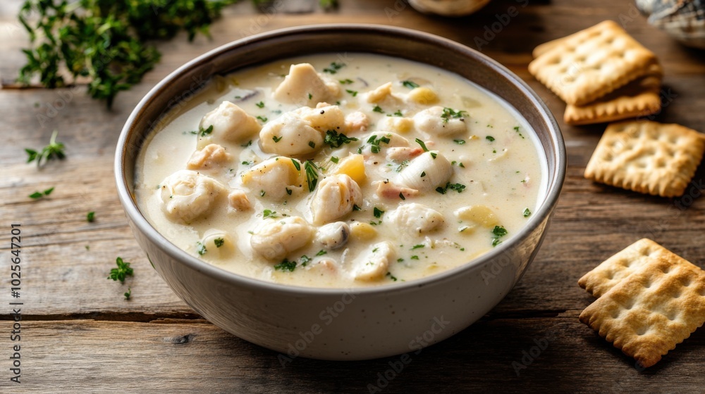 Classic Clam Chowder Served in a Bowl with Oyster Crackers Classic Clam Chowder Served in a Bowl with Oyster Crackers